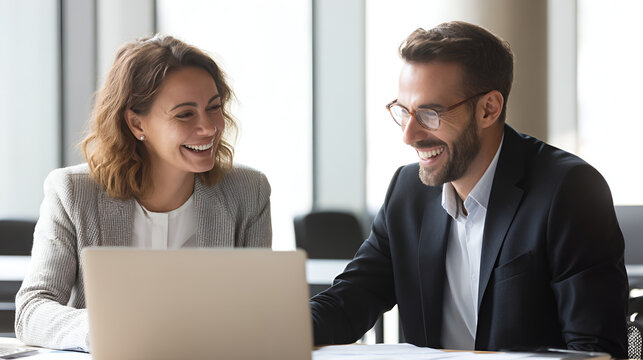 Two happy executives working on laptop discussing financial documents at meeting. Professionals team talking planning project at work. Attorney or bank manager consulting client investor in office.