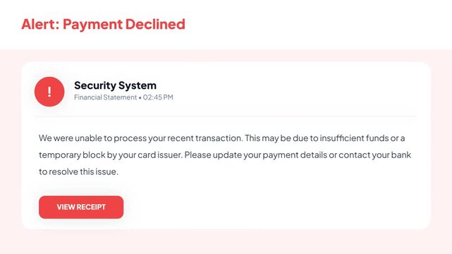 Financial mobile app interface displaying a red alert notification for a declined payment transaction