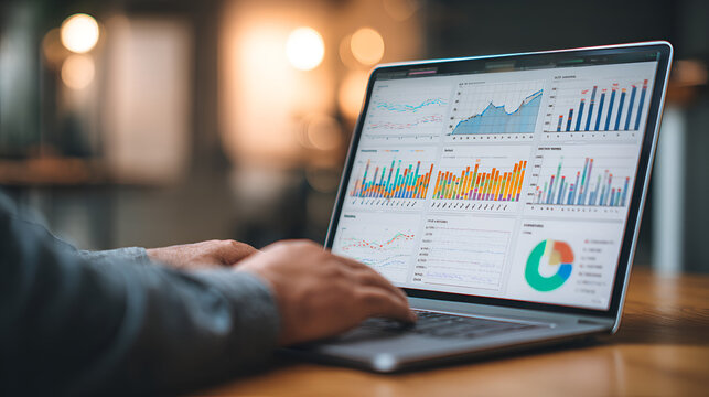 Web analytics dashboard. Marketing data visualization. Statistical graphs and reports. Businessperson analyzing website traffic using a laptop computer.