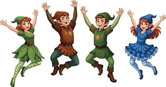 Happy Medieval Fantasy Children Jumping Collection With Cartoon Fairy Tale Characters Vector Illustration Set