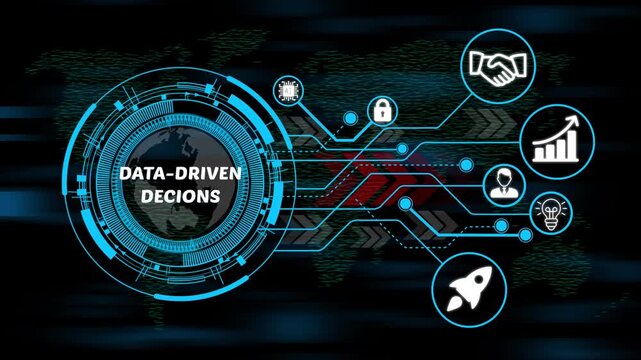 data-driven dictions digital ecosystem concept with smart technology, business icons and high-speed data network. 4k video animation on world map background. 