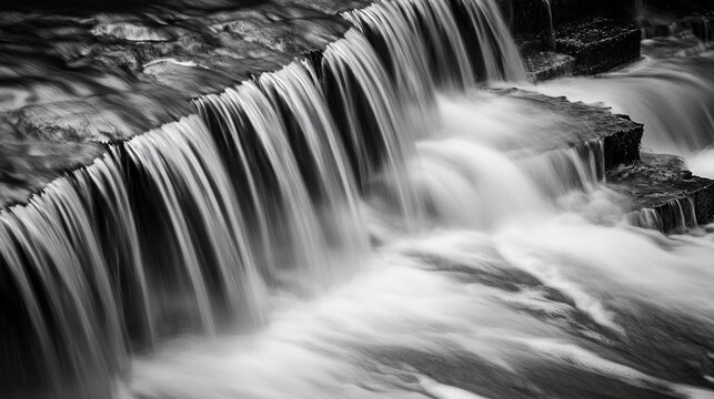river. Black and white waterfall with smooth rocks and silky water flow in high contrast. travel magazines, destination branding, designed for travel destination branding, used by real estate agents.