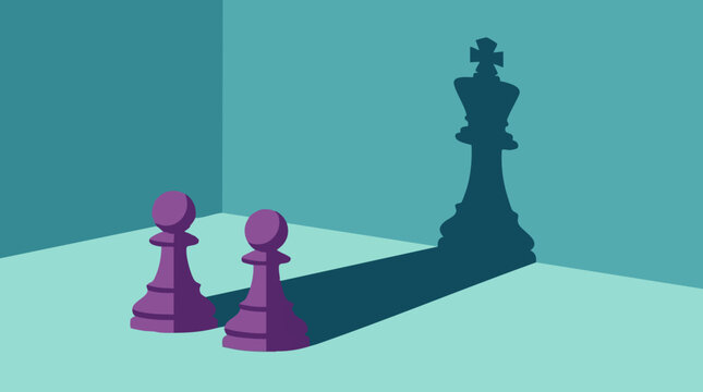 Chess pawns casting a king's shadow, ambition and potential concept