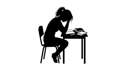 silhouette of stressed student studying at desk with books and laptop in dim lighting © MDNAZMUL