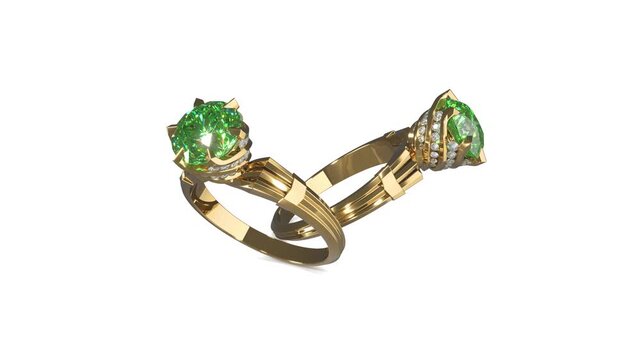 Rotation of gold rings with round shiny green gemstone, diamonds and prong swirl design. 3d animation on white background loop