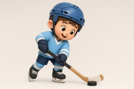 3D cartoon hockey player in blue gear hitting a puck with a wooden stick, shown in a dynamic action pose on a clean light background.