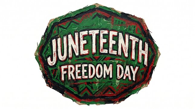 An irregular, rustic decagon shape in green, black, and red, and place the title &ldquo;JUNETEENTH FREEDOM DAY&rdquo; inside it, isolated on a white background.

