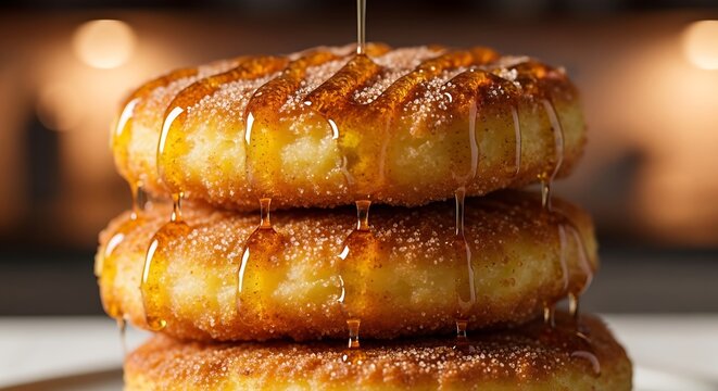 Stack of donuts with syrup.