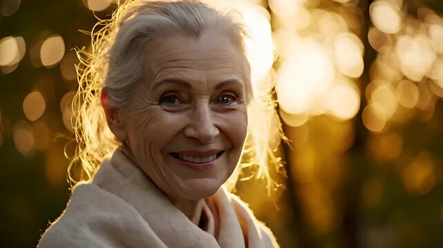 Anciana radiante sonriendo en un bosque al atardecer con bokeh dorado, concepto de envejecimiento saludable, felicidad en la vejez y publicidad emotiva para el D&iacute;a de la Madre.