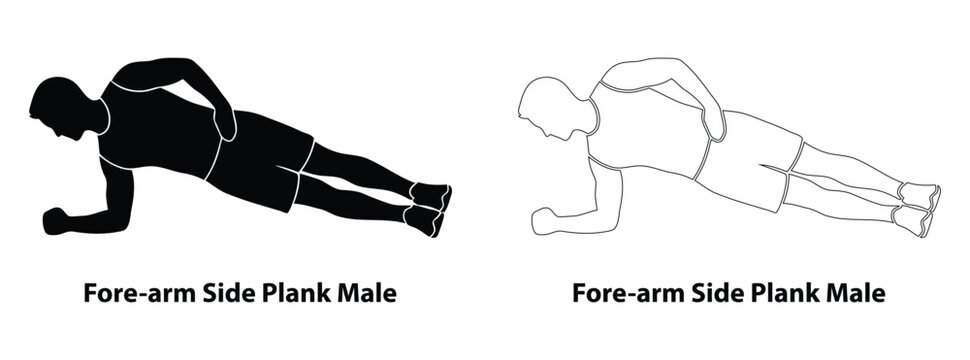 Male athlete performing forearm side plank exercise silhouette and outline vector illustration for fitness workout and strength training manual