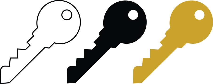 House key icon det modern door key silhouette in outline art solid black and flat gold vector styles