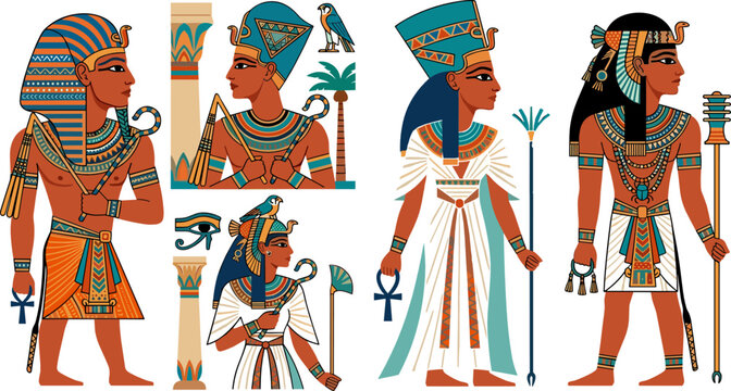 Ancient Egyptian Pharaoh and Queen Character Set with Traditional Costume Hieroglyphic Symbols Gods Anubis Horus and Mythology Vector Illustration Collection