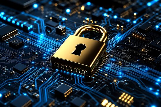 Futuristic Cybersecurity Lock on Neon Circuit Board &ndash; Ultra-Realistic 3D Render