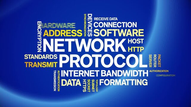 Network Protocol animated word cloud-text design animation tag kinetic typography seamless loop.