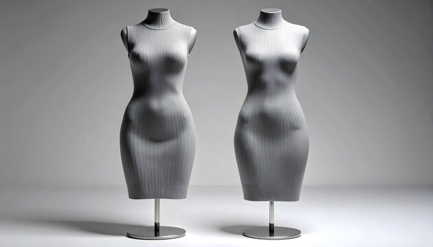 Knit top and matching bodycon skirt on a ghost mannequin showing detailed vertical ribbing and light on the grey ridges generative AI