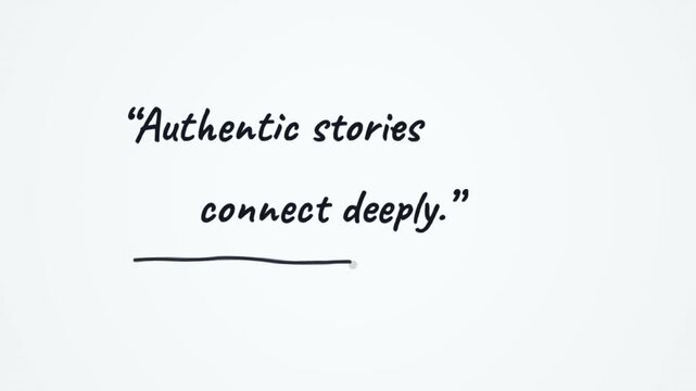 "Authentic stories connect deeply" animated typography quote with drawn star rating on white background