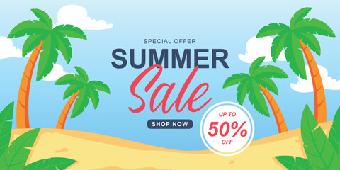 Fototapeta premium Summer Sale Paradise: a lively banner announces a summer sale with vibrant palm trees and a touch of the beach, creating an irresistible invitation to a tropical paradise of savings.