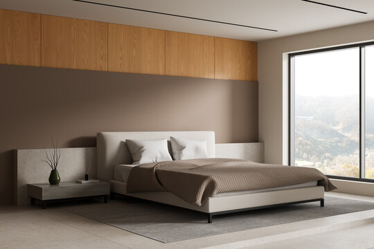 Modern minimalistic bedroom interior with neutral tones, large window view, wooden accents and elegant architecture details in serene setting. 3D Rendering