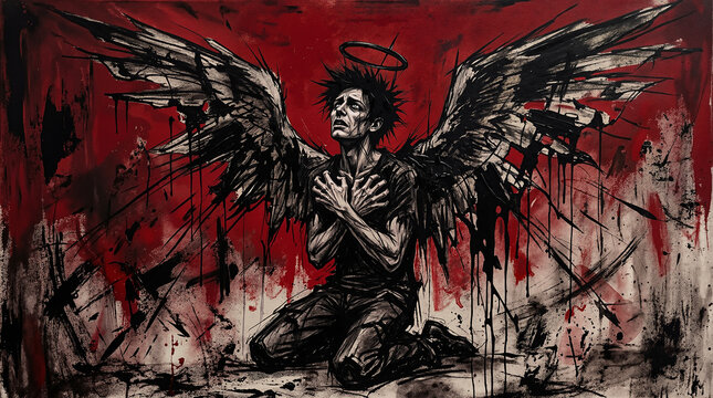 Fallen angel concept with broken wings kneeling in red urban room for despair