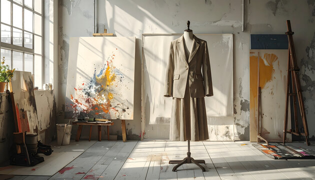 A line jacket and skirt in raw unbleached canvas displayed in an art studio featuring rough weave and stiff drape generative AI