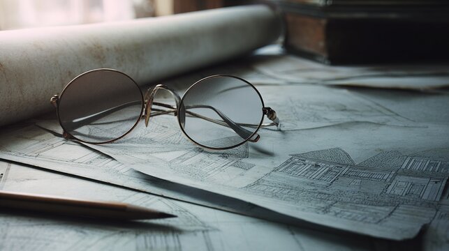 monograph. An open architecture book with spectacles and a pencil on a wooden desk in morning light. real-estate listings.