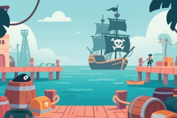 Handdoek met foto Piraten Colorful cartoon pirate harbor with docks, barrels, treasure chest, pirate ship with skull sails, and figure on pier.  © HardTeam