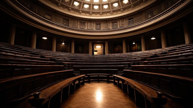 albite. An empty classical circular hall with curved rows of dark wooden seats under a dome. real-estate listings.