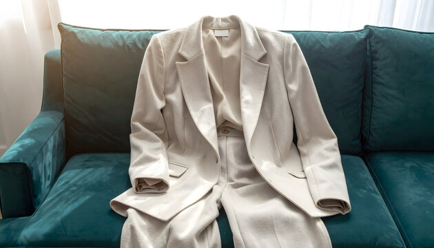 Cashmere blazer and matching wide leg trousers draped over a velvet sofa featuring soft fuzzy texture and elegant fluid drapes generative AI