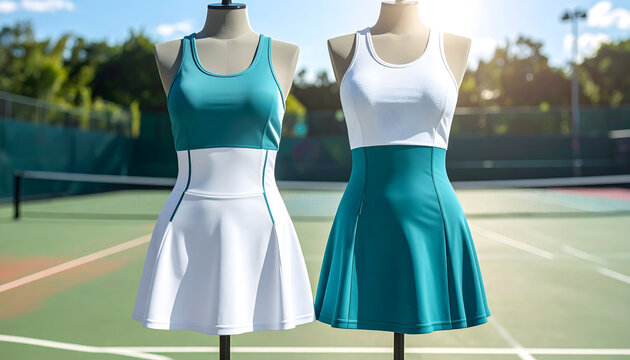 Racerback top and matching skort on a ghost mannequin on a tennis court featuring matte spandex fabric and flatlock seams generative AI