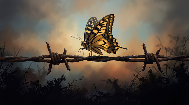 Freedom after hardship concept with butterfly on barbed wire at sunset