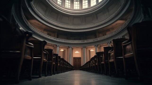albite. An empty classical circular hall with curved rows of dark wooden seats under a dome. real-estate listings.