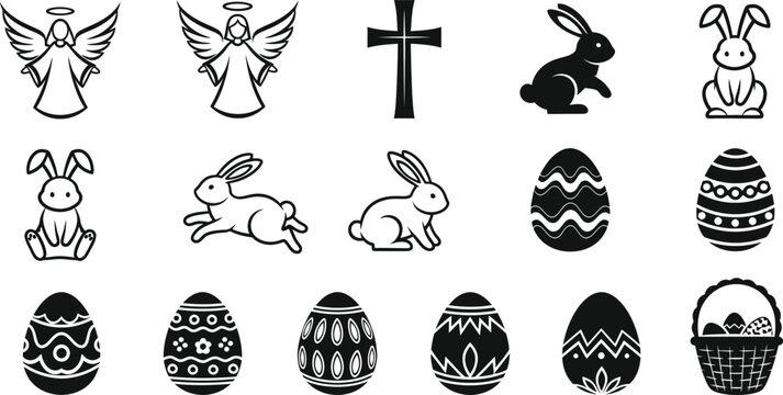 Collection of black and white featuring easter bunnies, decorated eggs, a cross, and angels bunny rabbit