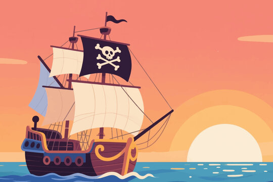 Pirate ship with skull flag sailing on calm ocean at sunset under orange pink sky.