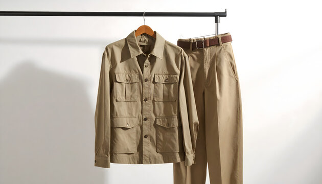 Safari jacket with tapered trousers hanging on a metal stand against a sun bleached wall featuring sturdy linen fabric texture generative AI