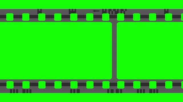 Animated film negative strip moving across a bright green screen background, with sprocket holes and frame borders, perfect for motion graphics, compositing, editing overlays, and transitions.