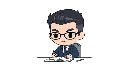 A cute chibi man wearing a business suit and glasses sits at a desk, diligently writing in an open notebook with a pen in hand.