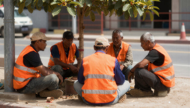 Migrant construction workers resting in shade at site