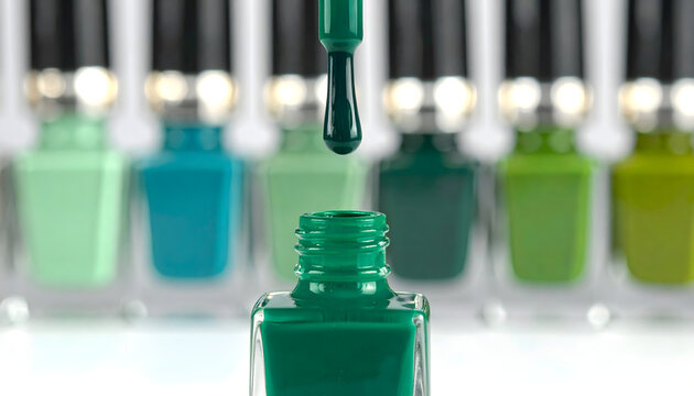 Emerald green nail polish dripping from a brush into a glass bottle featuring thick glossy liquid textures and vibrant colorful backgrounds generative AI