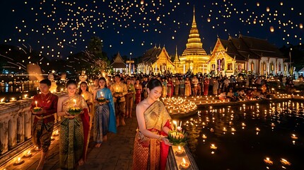 Obraz premium A festival scene unfolds at night with a Thai artisan carefully lighting candles on a riverbank adorned with floating lanterns and temple structures.