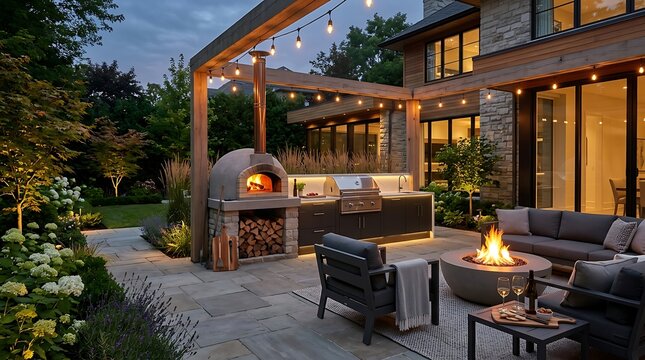 Luxurious Outdoor Kitchen and Patio with Pizza Oven and Fire Pit.