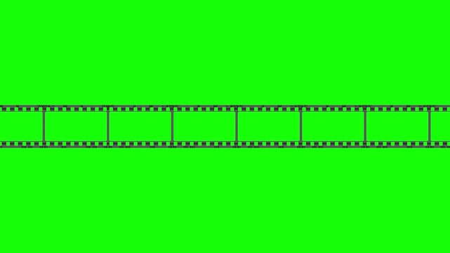 Film negative strip frames animated with a moving band across a bright green screen background, including sprocket holes and clean borders for motion graphics and overlays.
