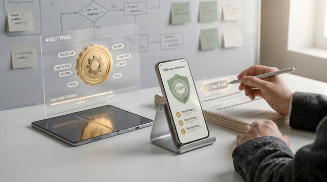 Pharmaceutical Compliance Audit Trail Dashboard with GMP Certification, FDA 21 CFR Regulations and Verified Badge &mdash; Regulatory Approval Concept on Tablet and Smartphone