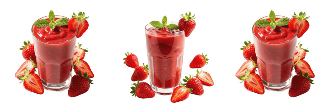 Set of Three Glasses of Fresh Strawberry Smoothie Isolated on White Background, Healthy Fruit Drink with Mint Garnish, Vibrant Red Berry Beverage, Organic Summer Refreshment, Professional PNG Stock Ph