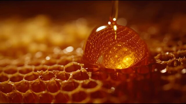Honey Pouring on the Honeycomb Cell for Food and Natural Sweetener