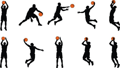 Collection of black basketball player silhouettes with orange balls performing various sports actions like shooting, jumping, and dunking © Manik