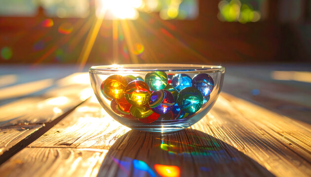 Glass bowl with colorful marbles on a sunlit floor projecting light spots and tiny upside down images onto the wood generative AI