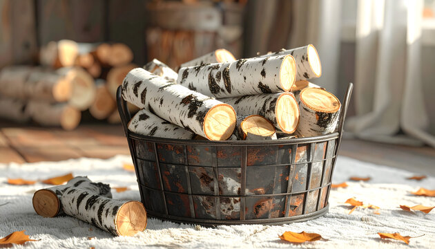 Iron basket filled with split birch logs showing white papery bark on a rug with wood chips in warm rustic lighting generative AI