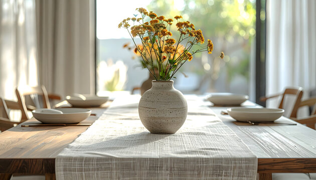 Linen table runner with a geometric pattern on a dining table with a ceramic vase in soft even minimalist light generative AI