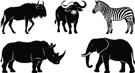 Set of African safari animal silhouettes featuring elephant, rhinoceros, zebra, buffalo, and wildebeest isolated on white background for graphic design © Manik