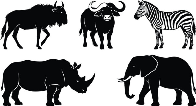 Set of African safari animal silhouettes featuring elephant, rhinoceros, zebra, buffalo, and wildebeest isolated on white background for graphic design